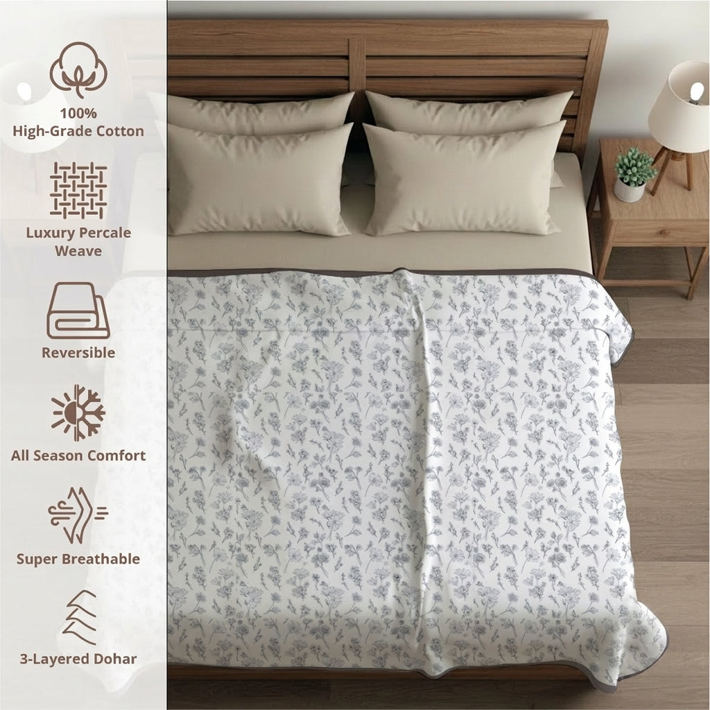 Percale Cotton Reversible Dohar Floral Botanical  Grey & Grey