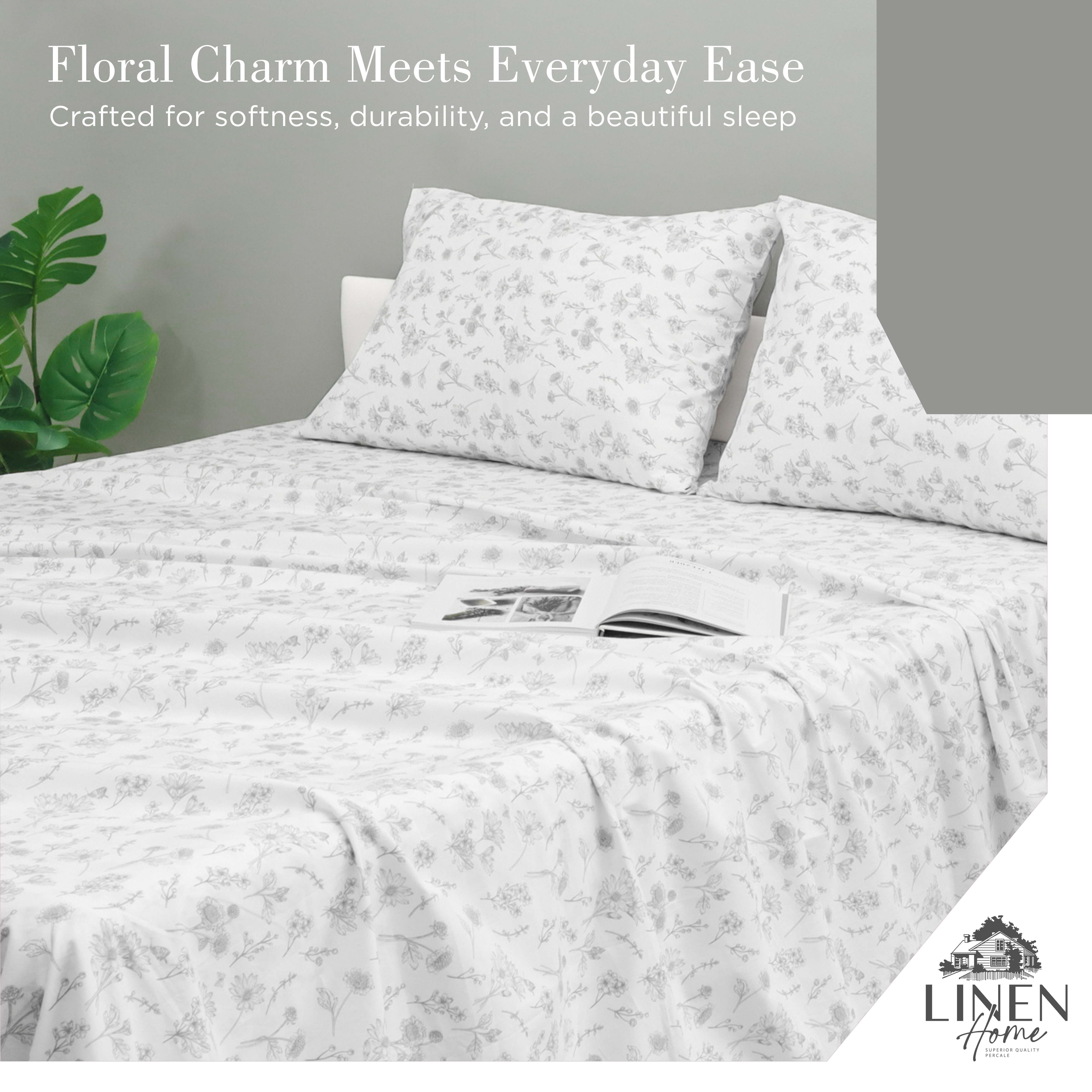 Percale Cotton Printed Bedsheet Set in Floral Grey