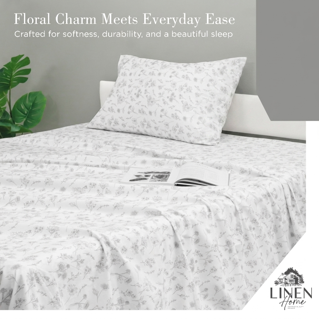 Percale Cotton Printed Bedsheet Set in Floral Grey
