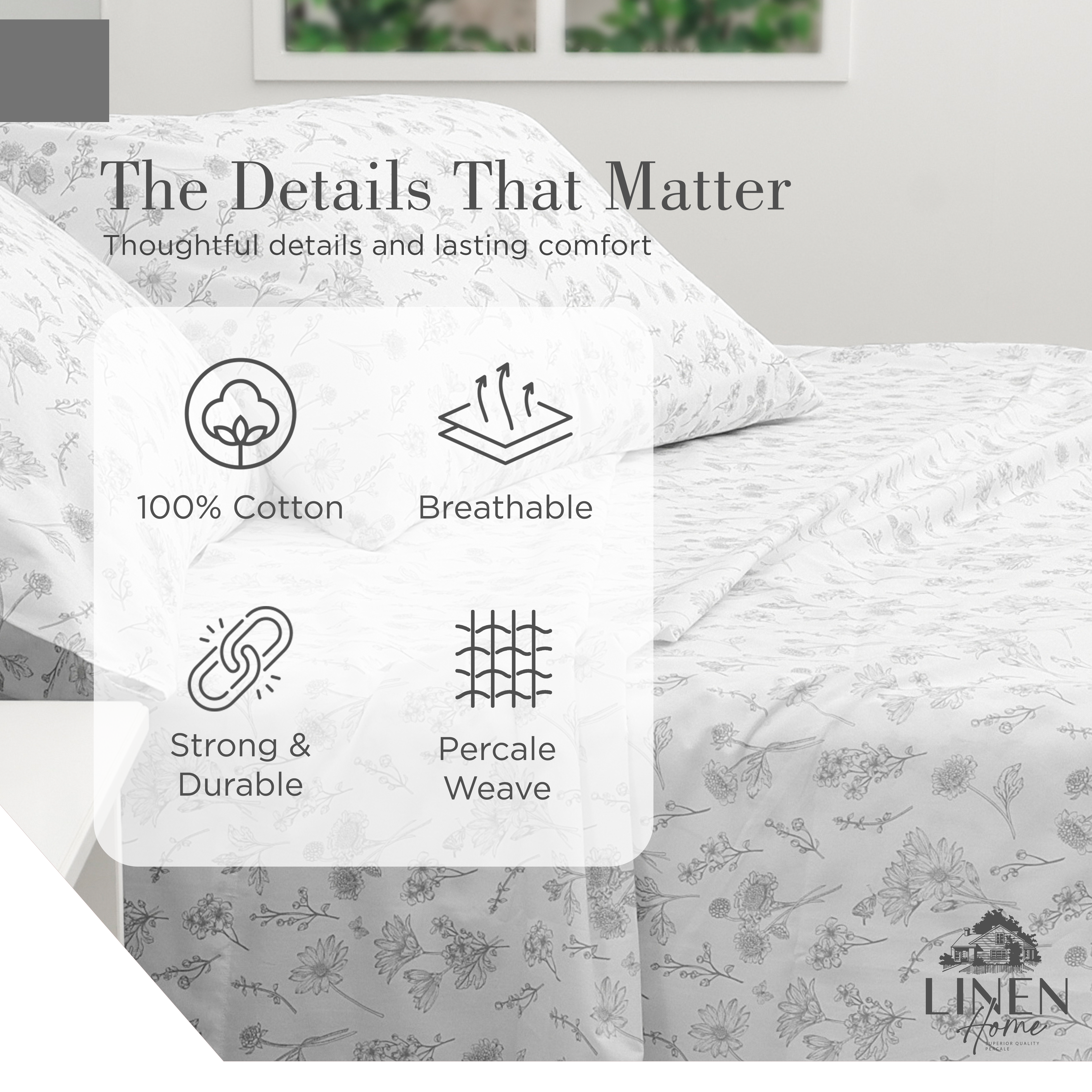 Percale Cotton Printed Bedsheet Set in Floral Grey