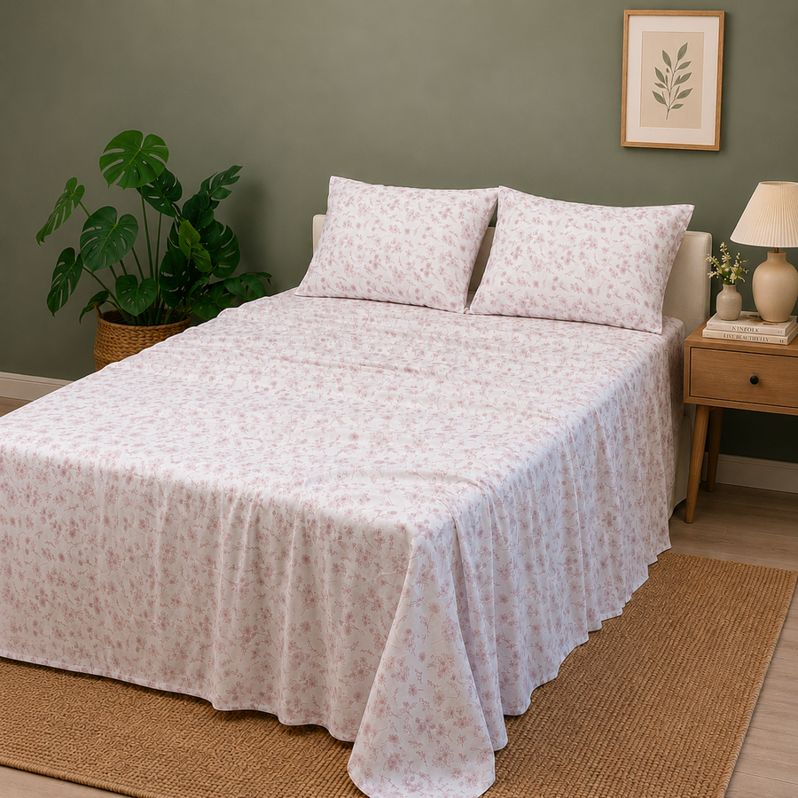 Percale Cotton Printed Bedsheet Set in Floral Mauve