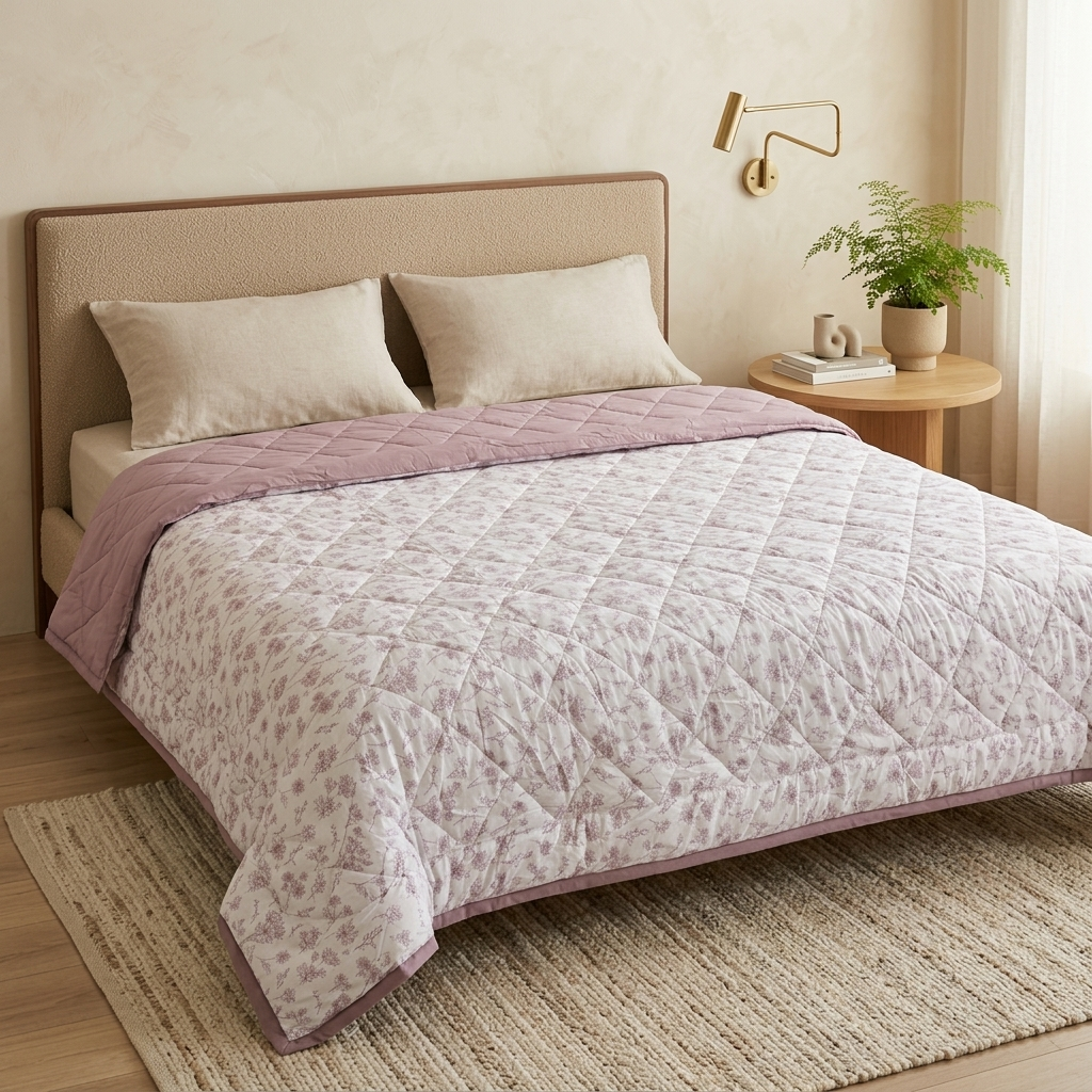 Percale Cotton Reversible AC Blanket Floral Botanical Mauve & Mauve