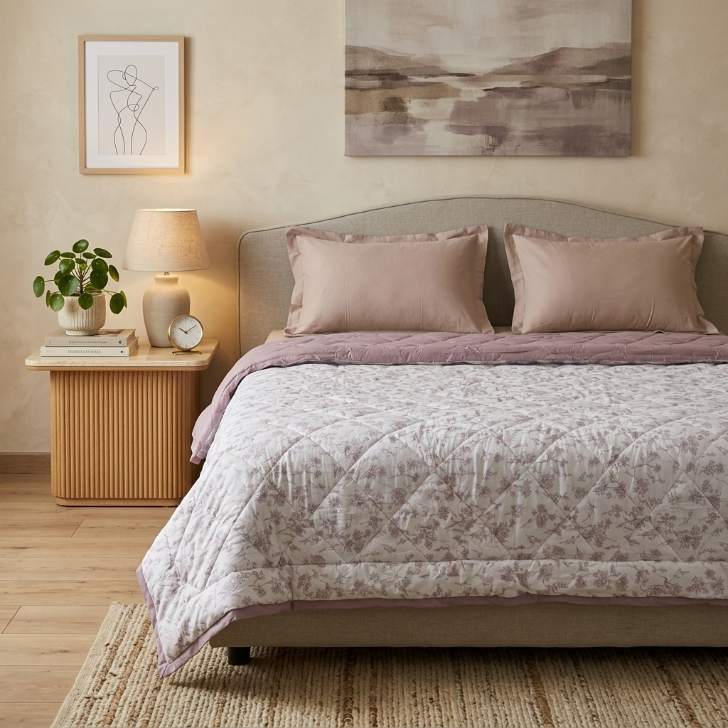 Percale Cotton Reversible AC Blanket Floral Botanical Mauve & Mauve