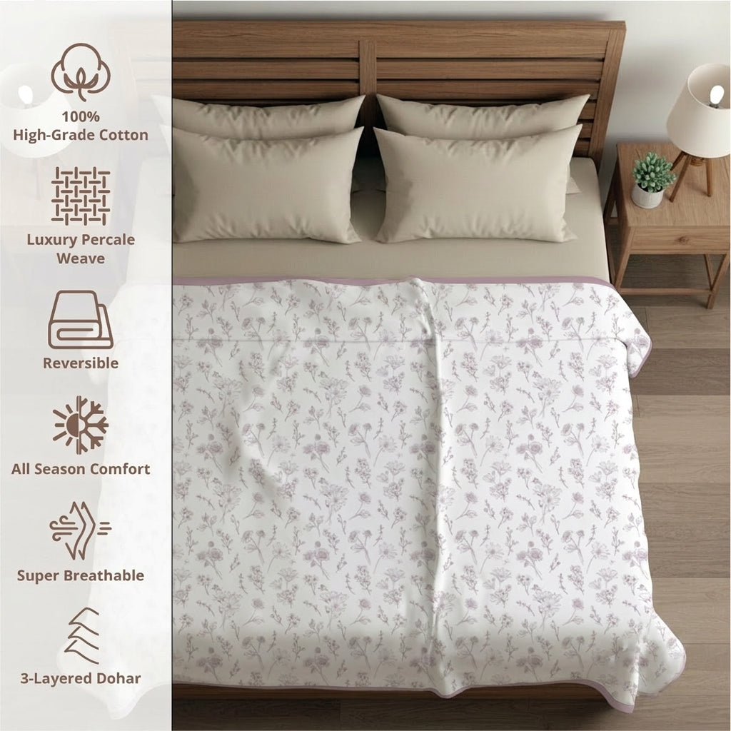 Percale Cotton Reversible Dohar Floral Botanical Mauve & Mauve