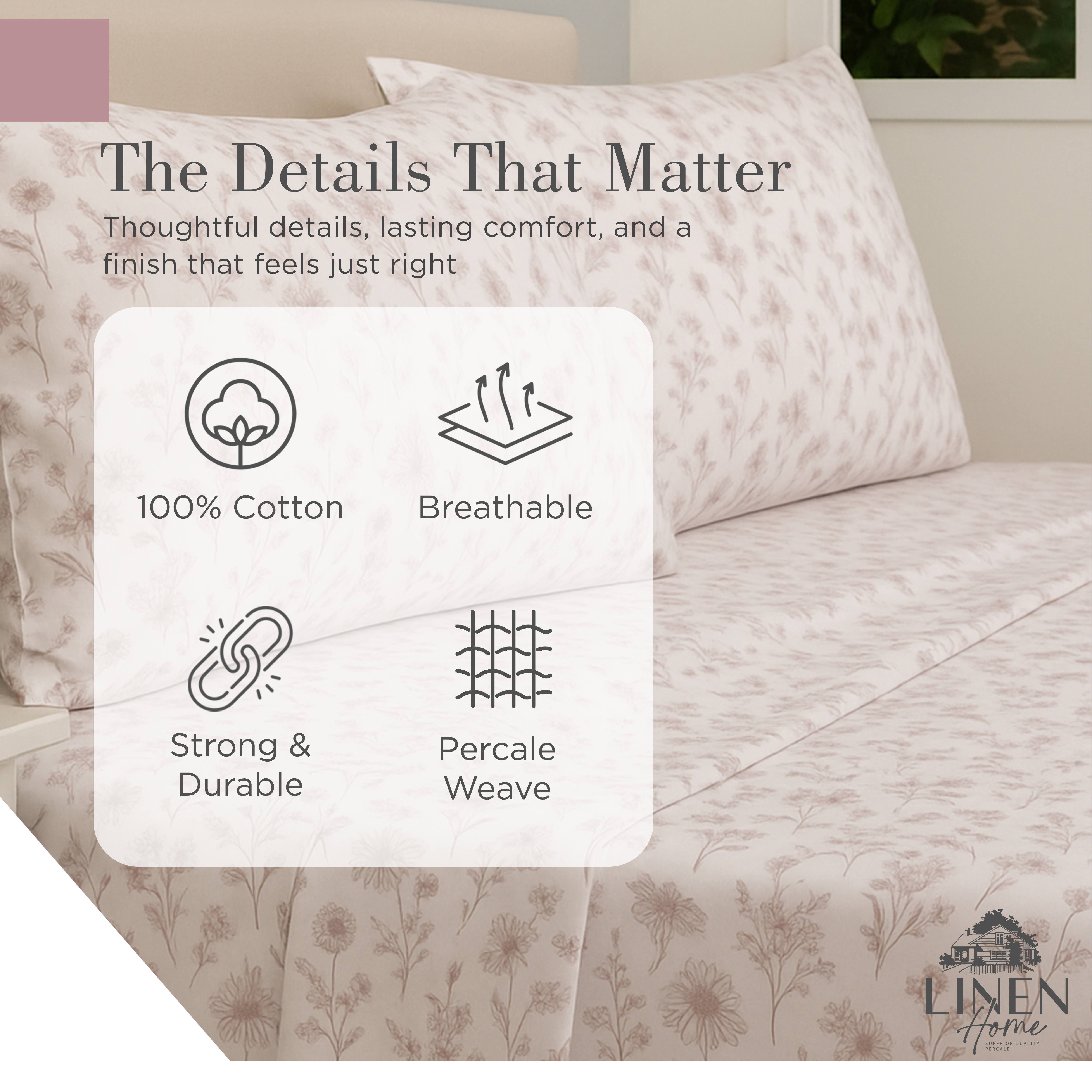 Percale Cotton Printed Bedsheet Set in Floral Mauve