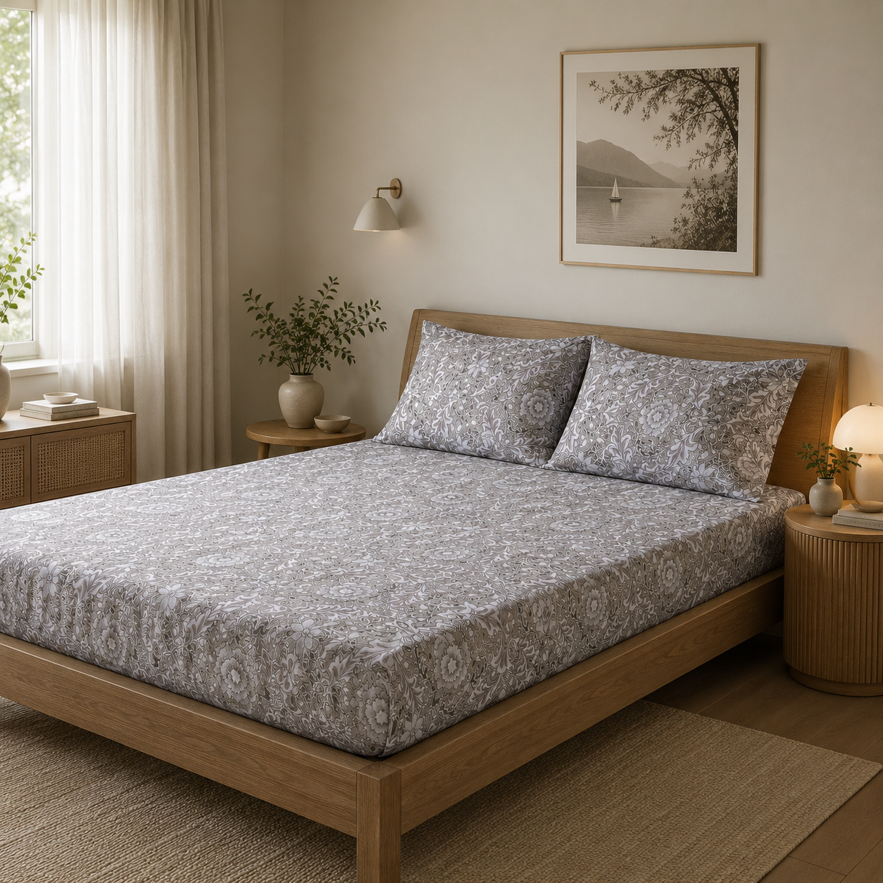 Percale Cotton Printed Fitted Sheet Set in Damask Brown