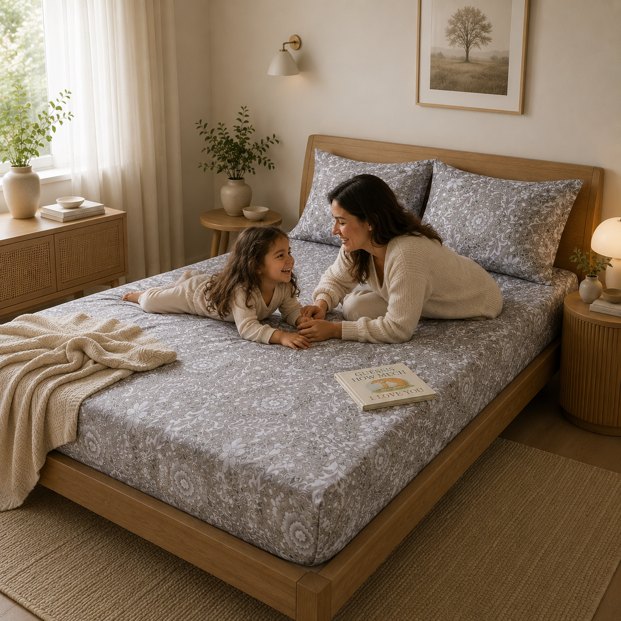 Percale Cotton Printed Fitted Sheet Set in Damask Brown