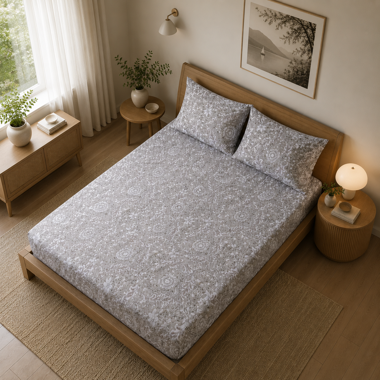 Percale Cotton Printed Fitted Sheet Set in Damask Brown
