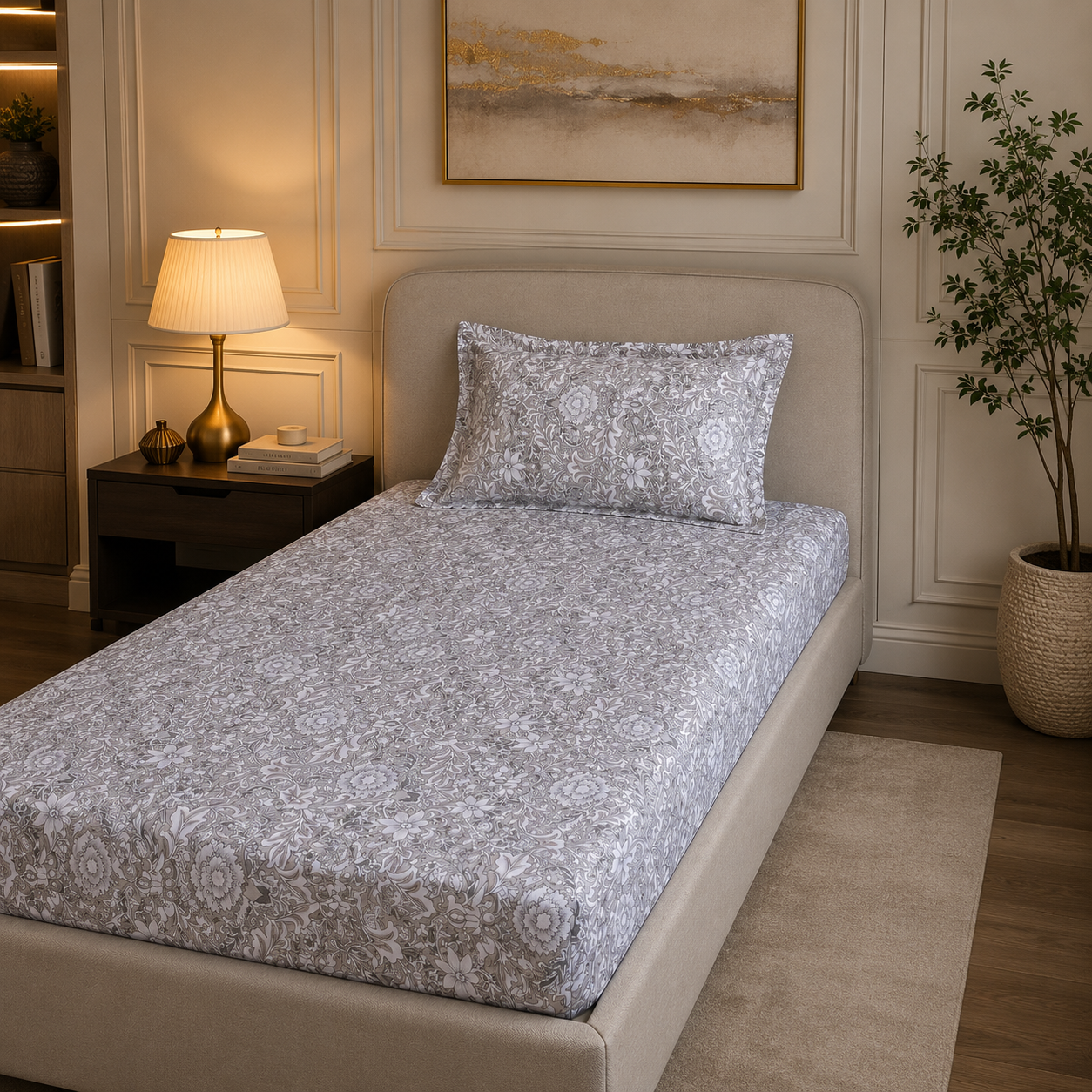 Percale Cotton Printed Fitted Sheet Set in Damask Brown