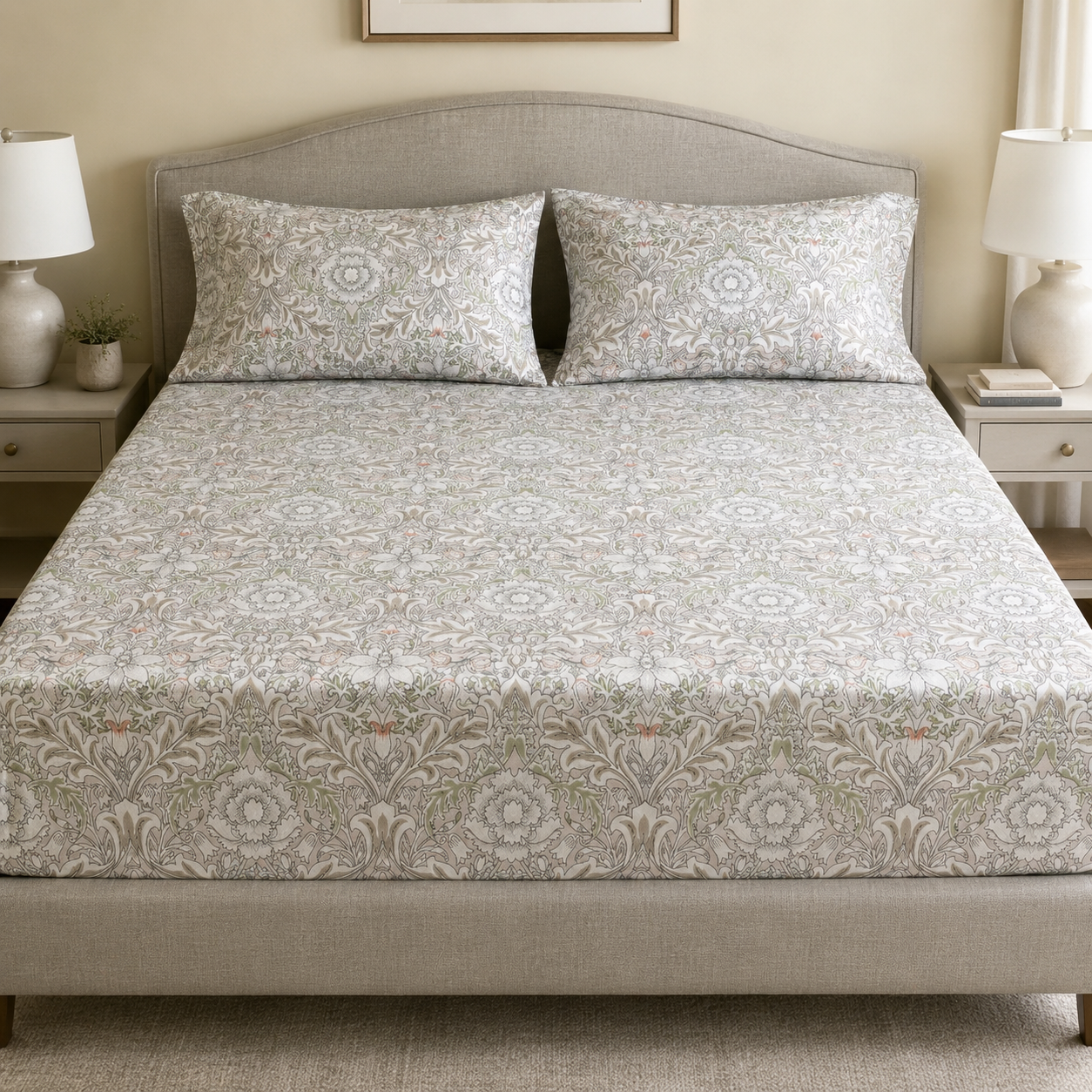 Percale Cotton Printed Fitted Sheet Set in Damask Pink