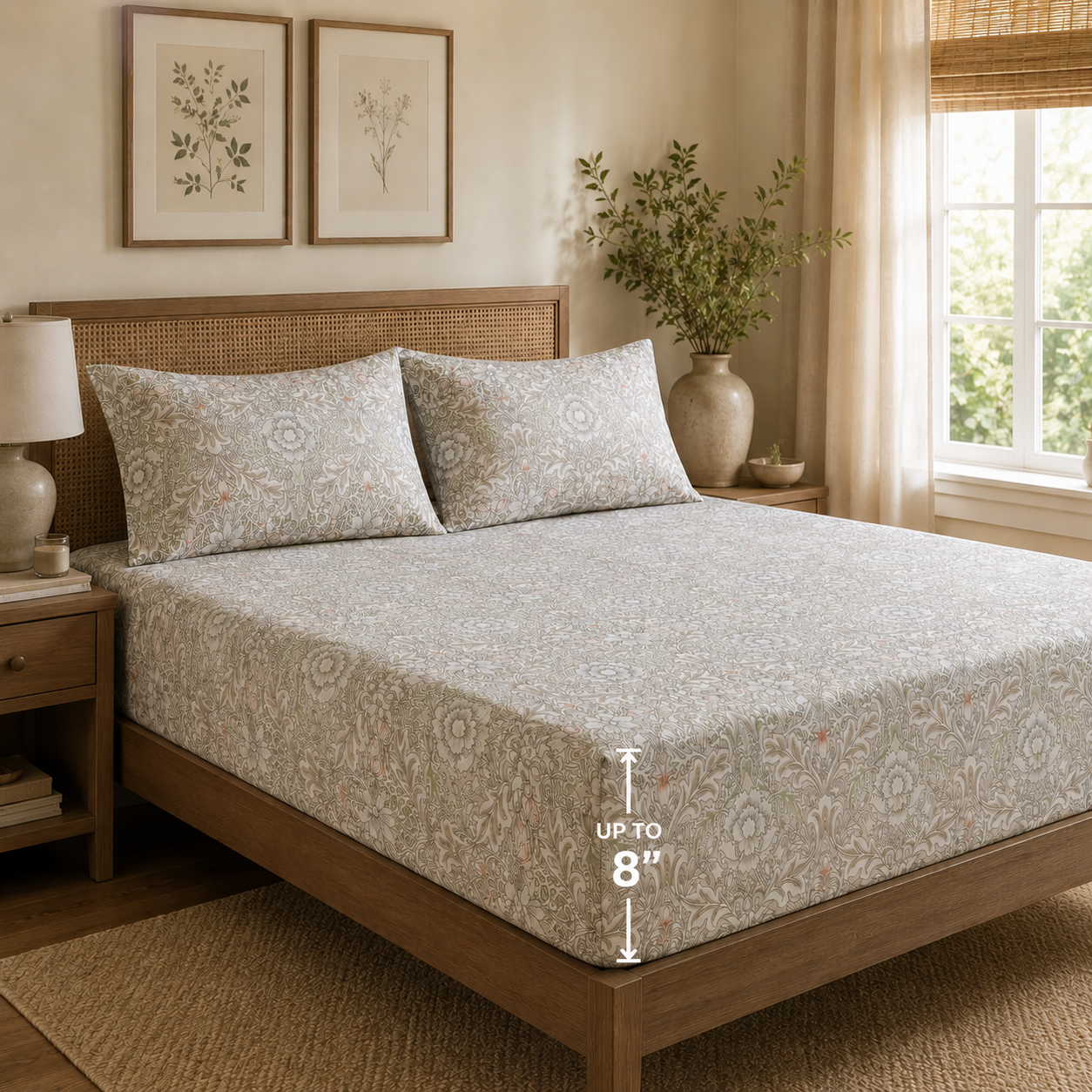 Percale Cotton Printed Fitted Sheet Set in Damask Pink