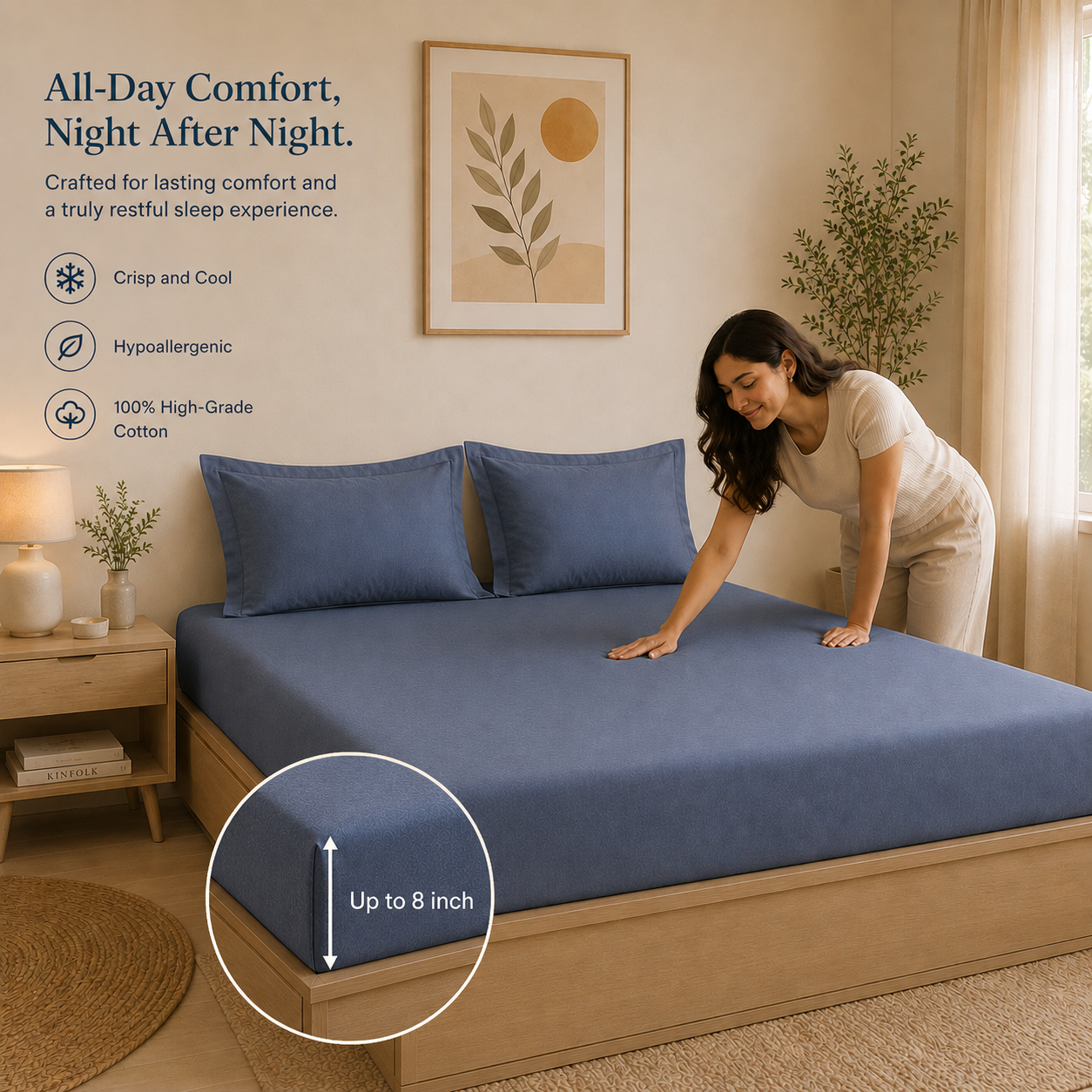 Percale Cotton Fitted Sheet Set in Dark Blue