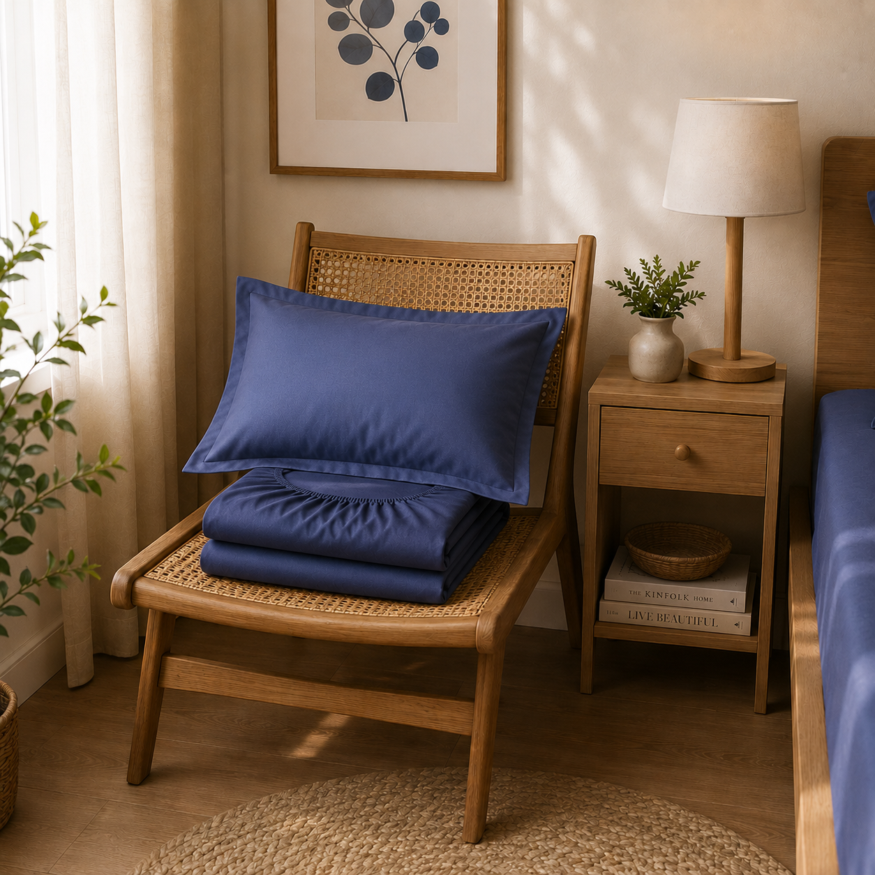 Percale Cotton Fitted Sheet Set in Dark Blue