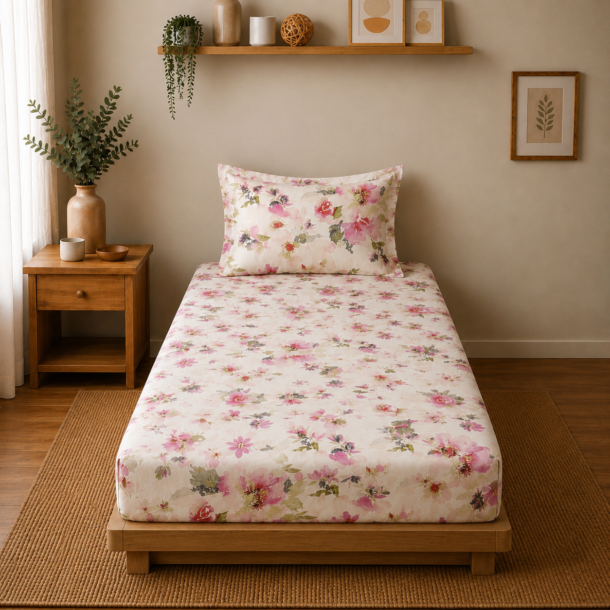 Percale Cotton Printed Fitted Sheet Set in Floral Pink