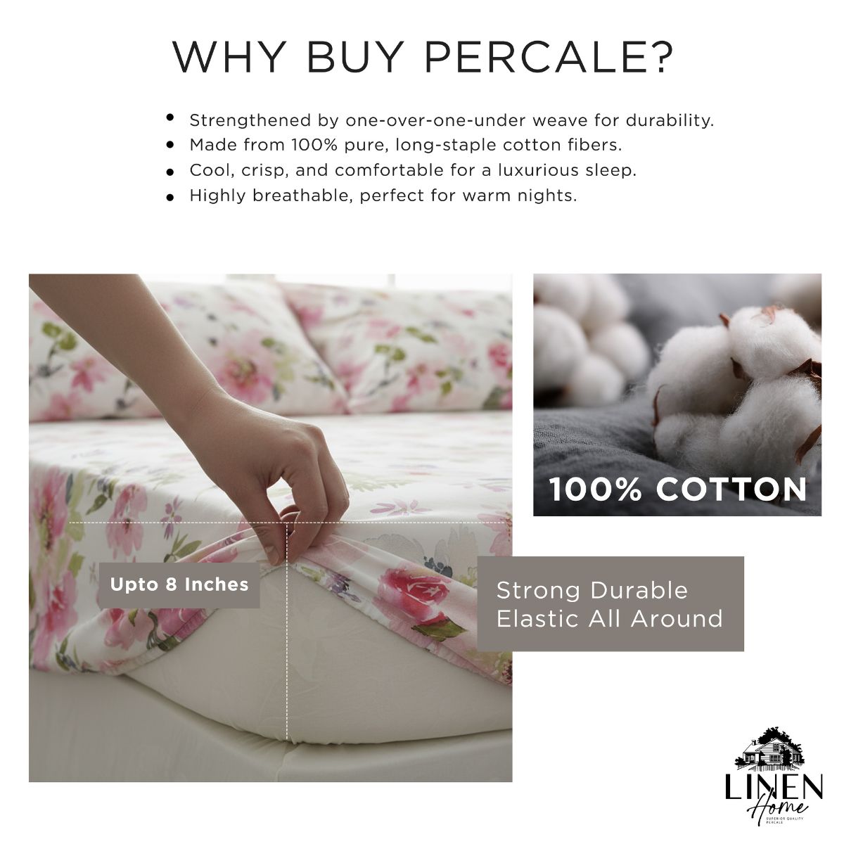 Percale Cotton Printed Fitted Sheet Set in Floral Pink