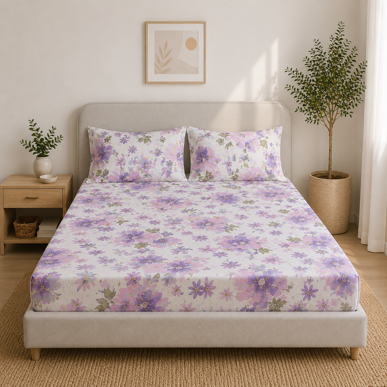 Percale Cotton Printed Fitted Sheet Set in Floral Purple