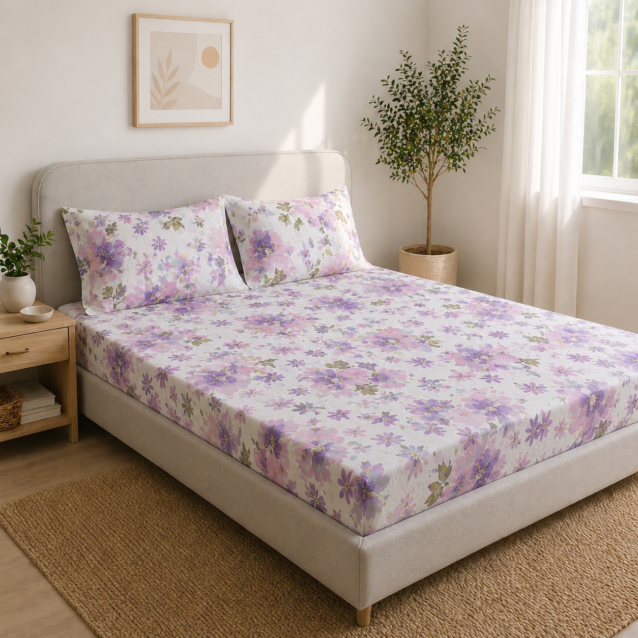 Percale Cotton Printed Fitted Sheet Set in Floral Purple