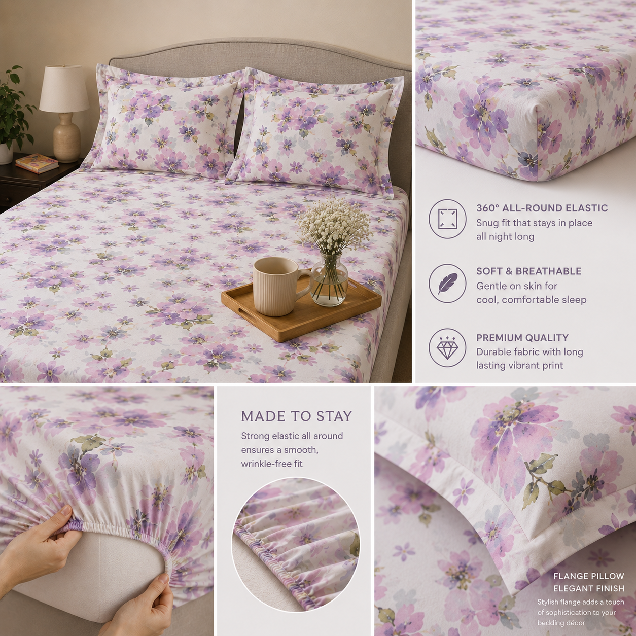 Percale Cotton Printed Fitted Sheet Set in Floral Purple