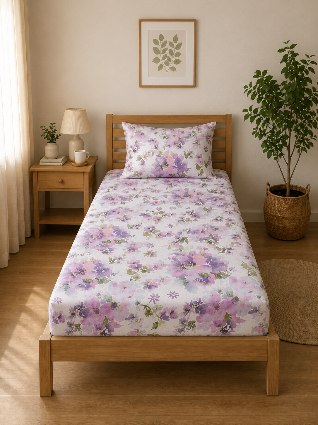 Percale Cotton Printed Fitted Sheet Set in Floral Purple