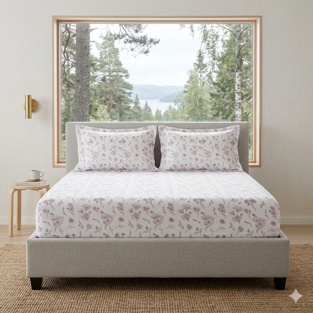 Percale Cotton Printed Fitted Sheet Set in Botanical Mauve