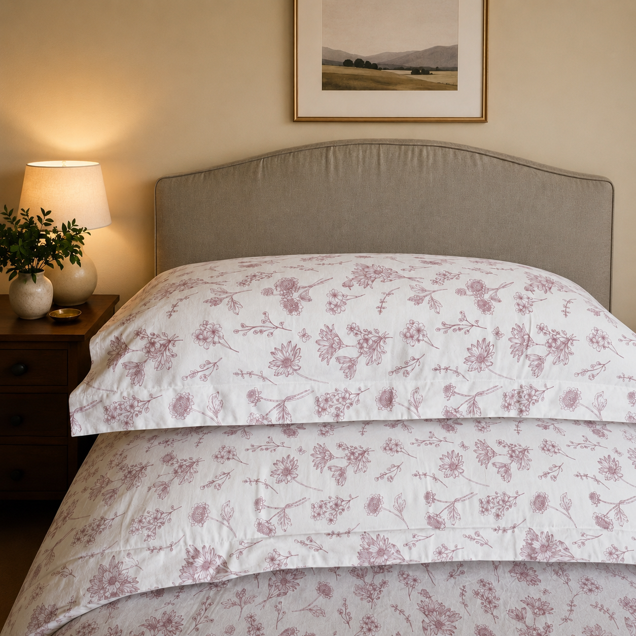Percale Cotton Printed Fitted Sheet Set in Botanical Mauve
