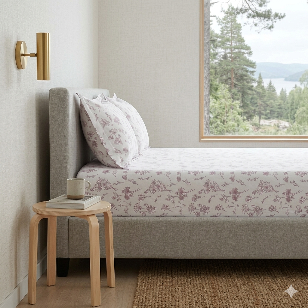 Percale Cotton Printed Fitted Sheet Set in Botanical Mauve