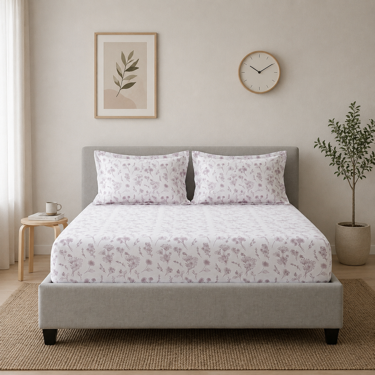 Percale Cotton Printed Fitted Sheet Set in Botanical Mauve