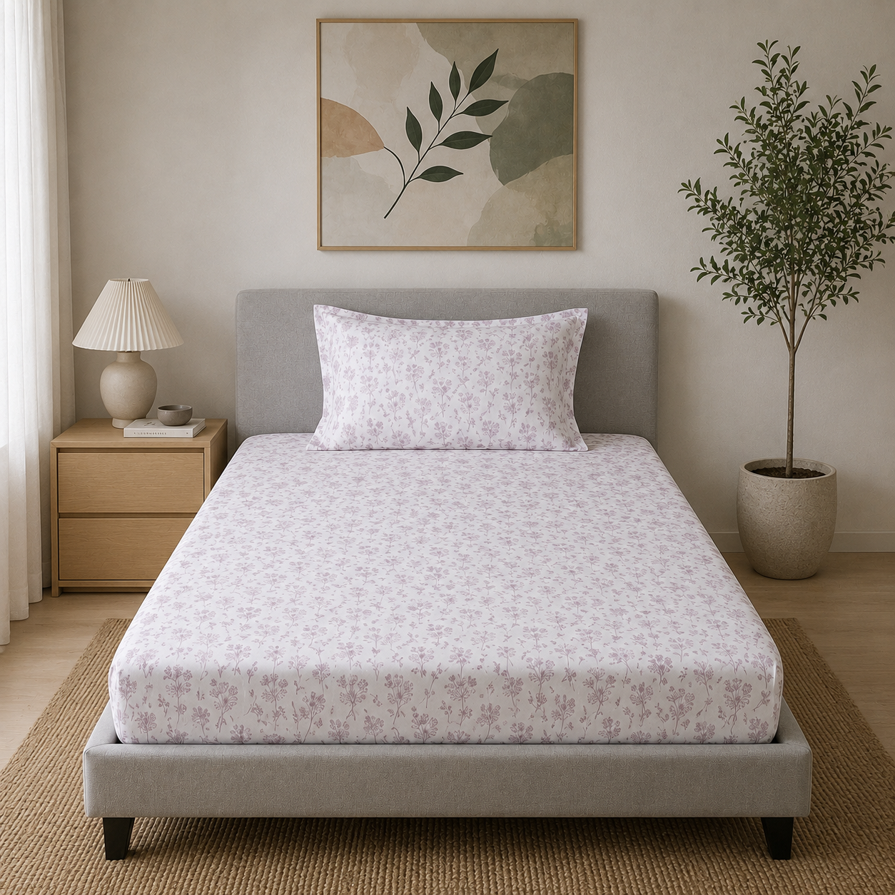 Percale Cotton Printed Fitted Sheet Set in Botanical Mauve