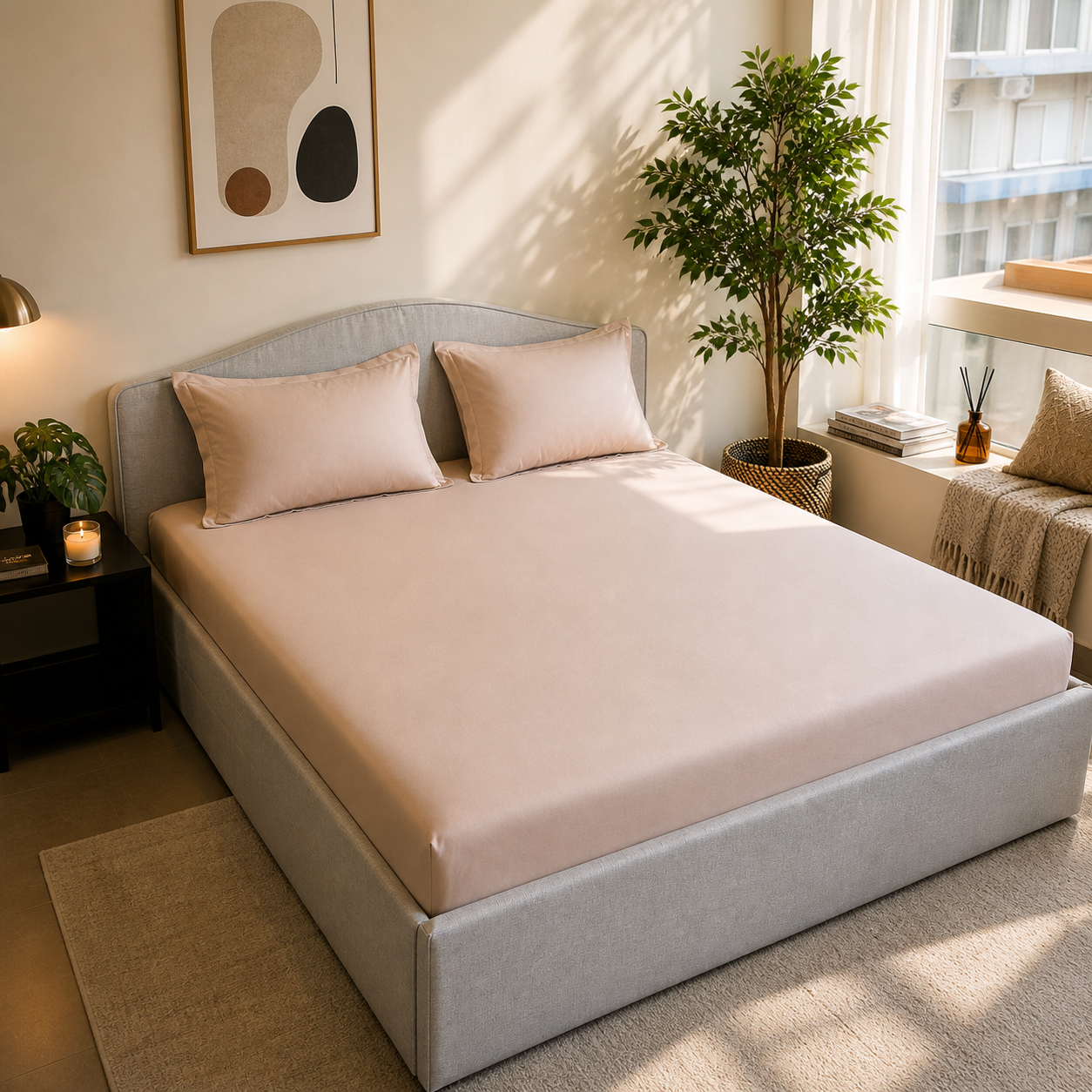 Percale Cotton Fitted Sheet Set in Light Taupe