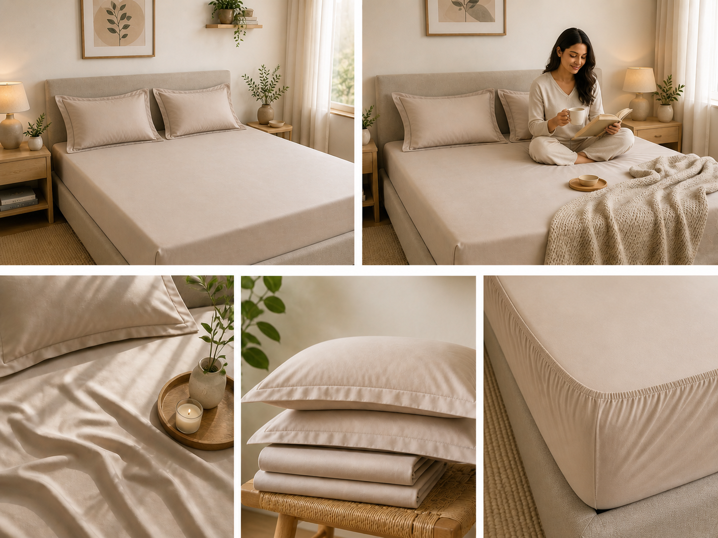 Percale Cotton Fitted Sheet Set in Light Taupe