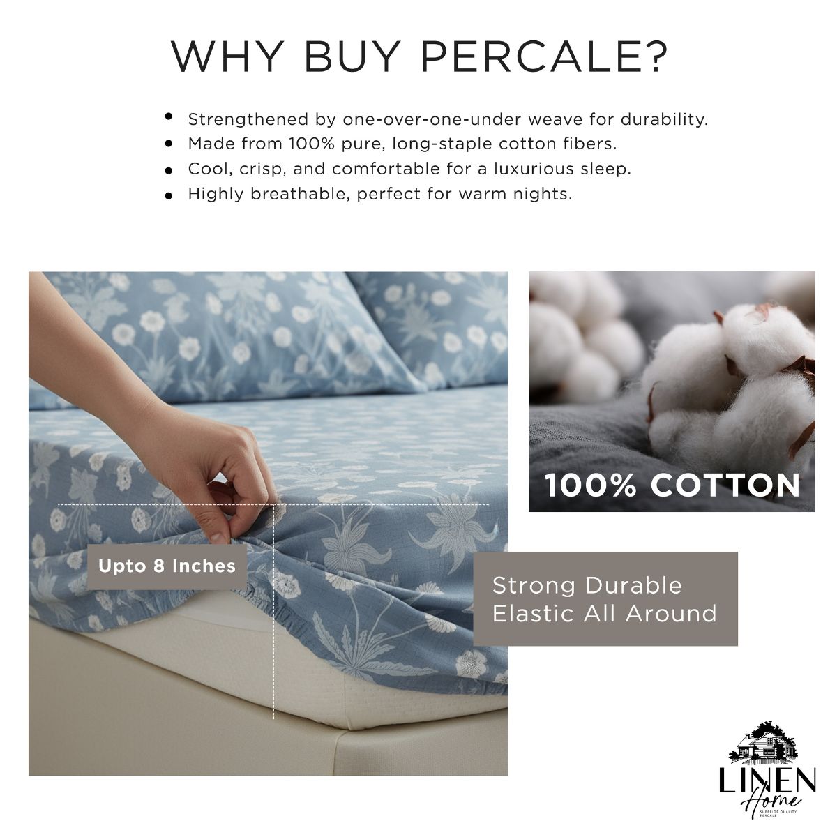Percale Cotton Printed Fitted Sheet Set in Floral Blue