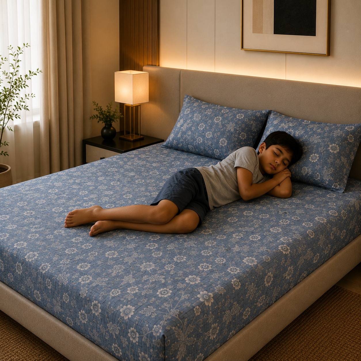 Percale Cotton Printed Fitted Sheet Set in Floral Blue