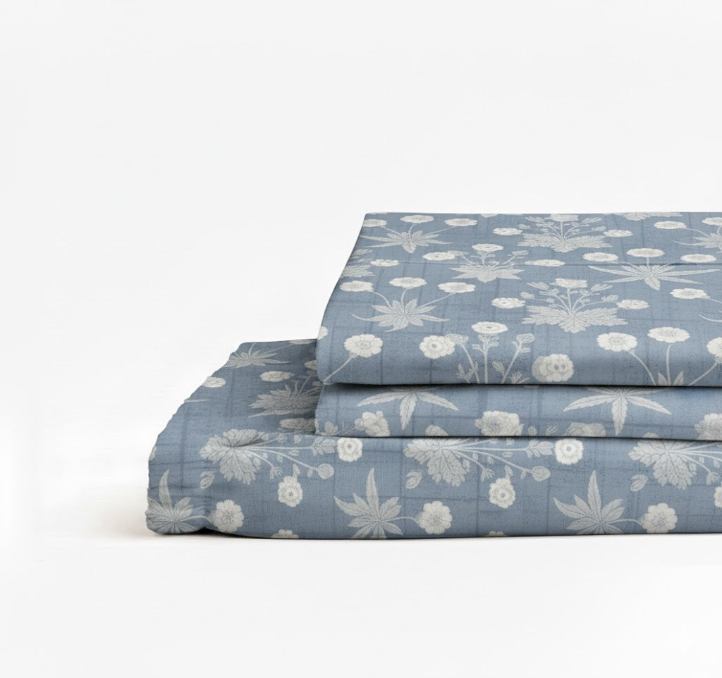 Percale Cotton Printed Fitted Sheet Set in Floral Blue