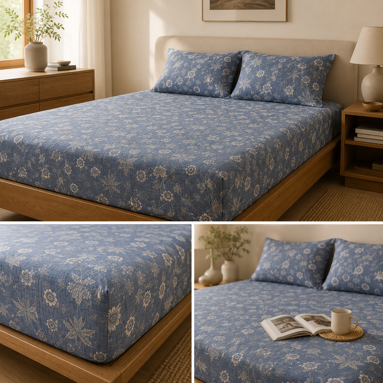 Percale Cotton Printed Fitted Sheet Set in Floral Blue