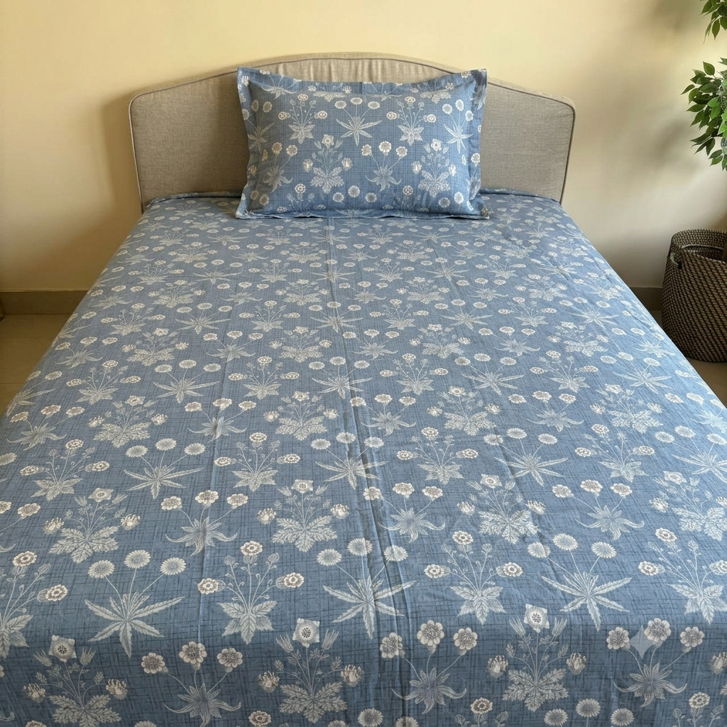 Percale Cotton Printed Fitted Sheet Set in Floral Blue
