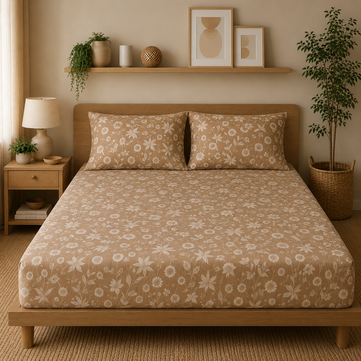 Percale Cotton Printed Fitted Sheet Set in Light Brown