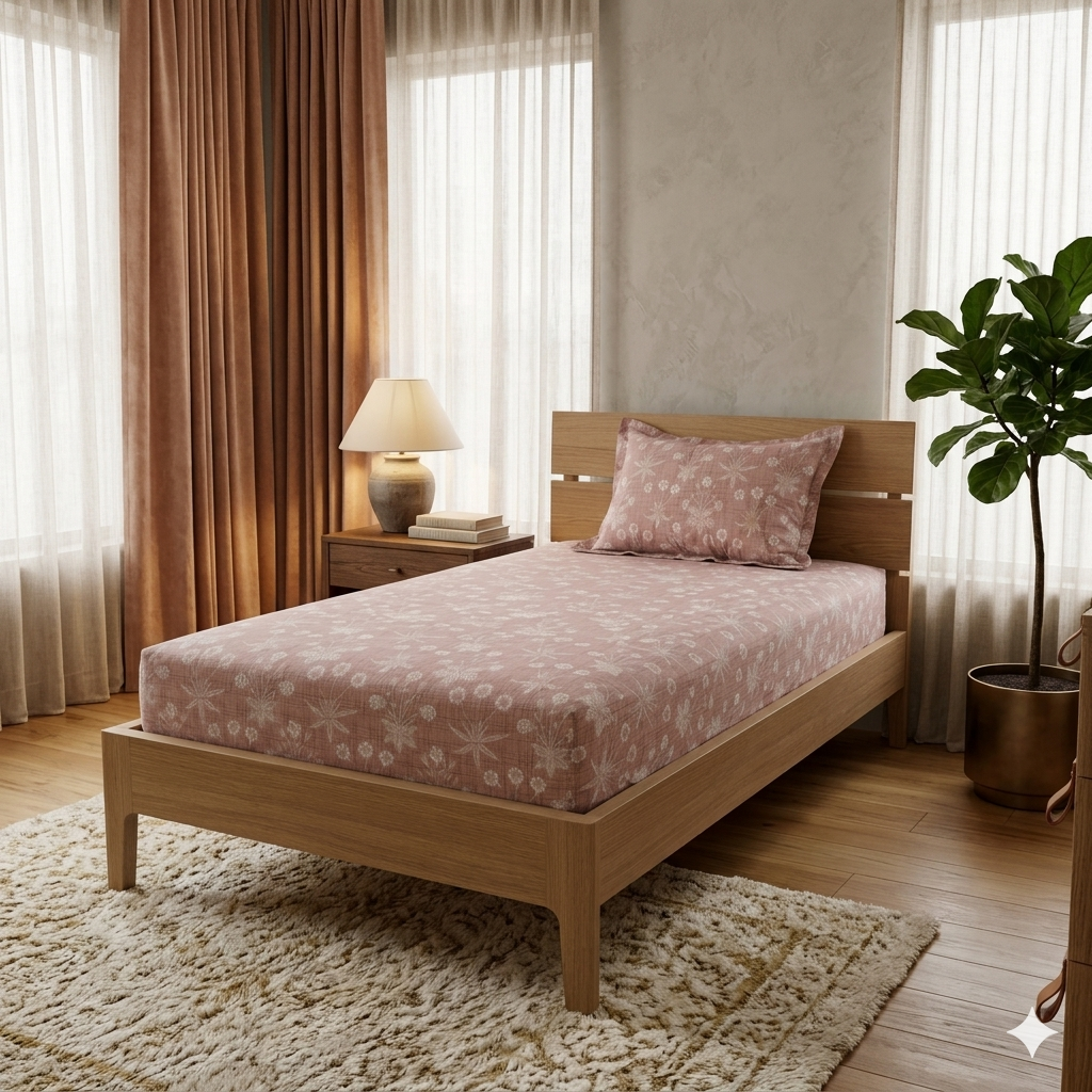 Percale Cotton Printed Fitted Sheet Set in Light Brown