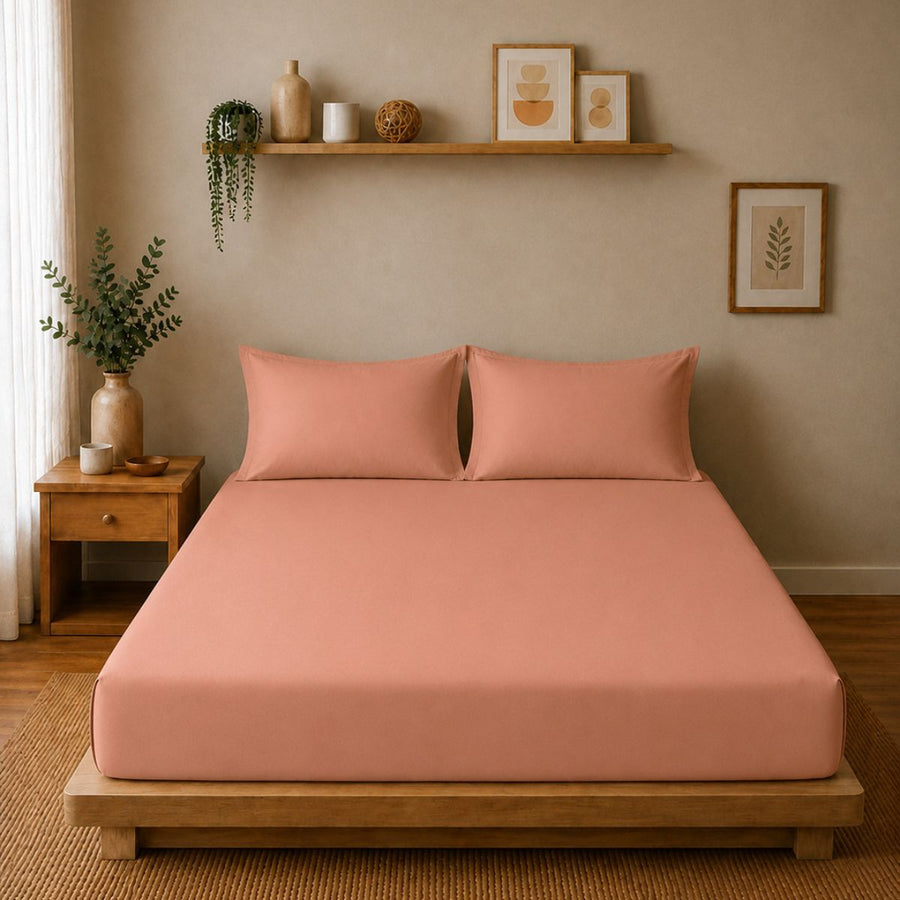 Percale Cotton Fitted Sheet Set in Tera Clay