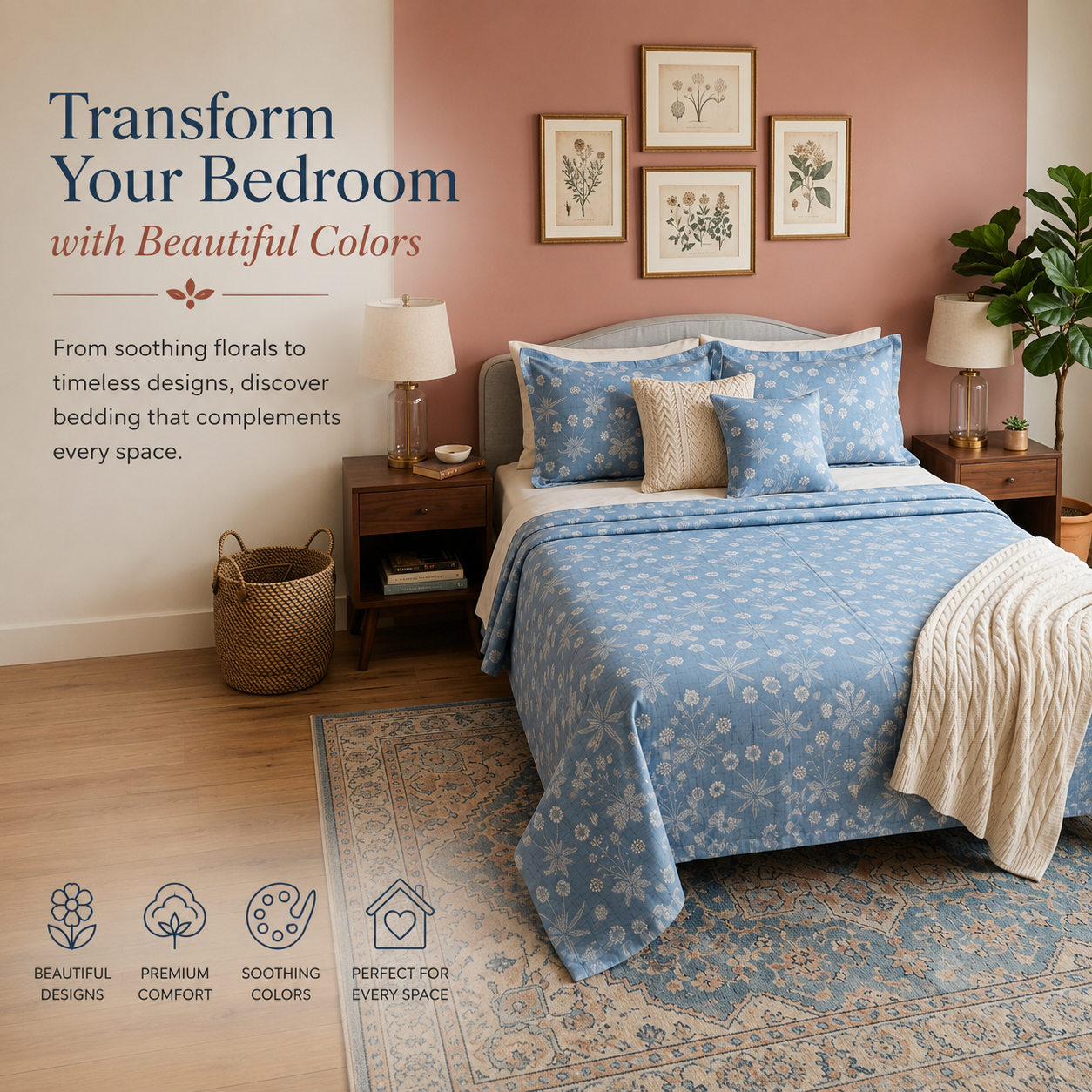 Percale Cotton Printed Bedsheet Set in Floral Blue