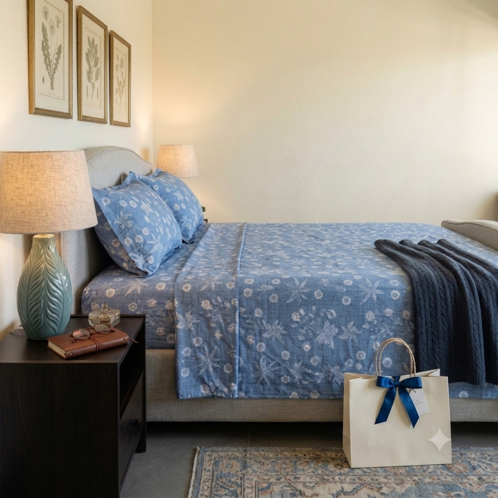 Percale Cotton Printed Bedsheet Set in Floral Blue