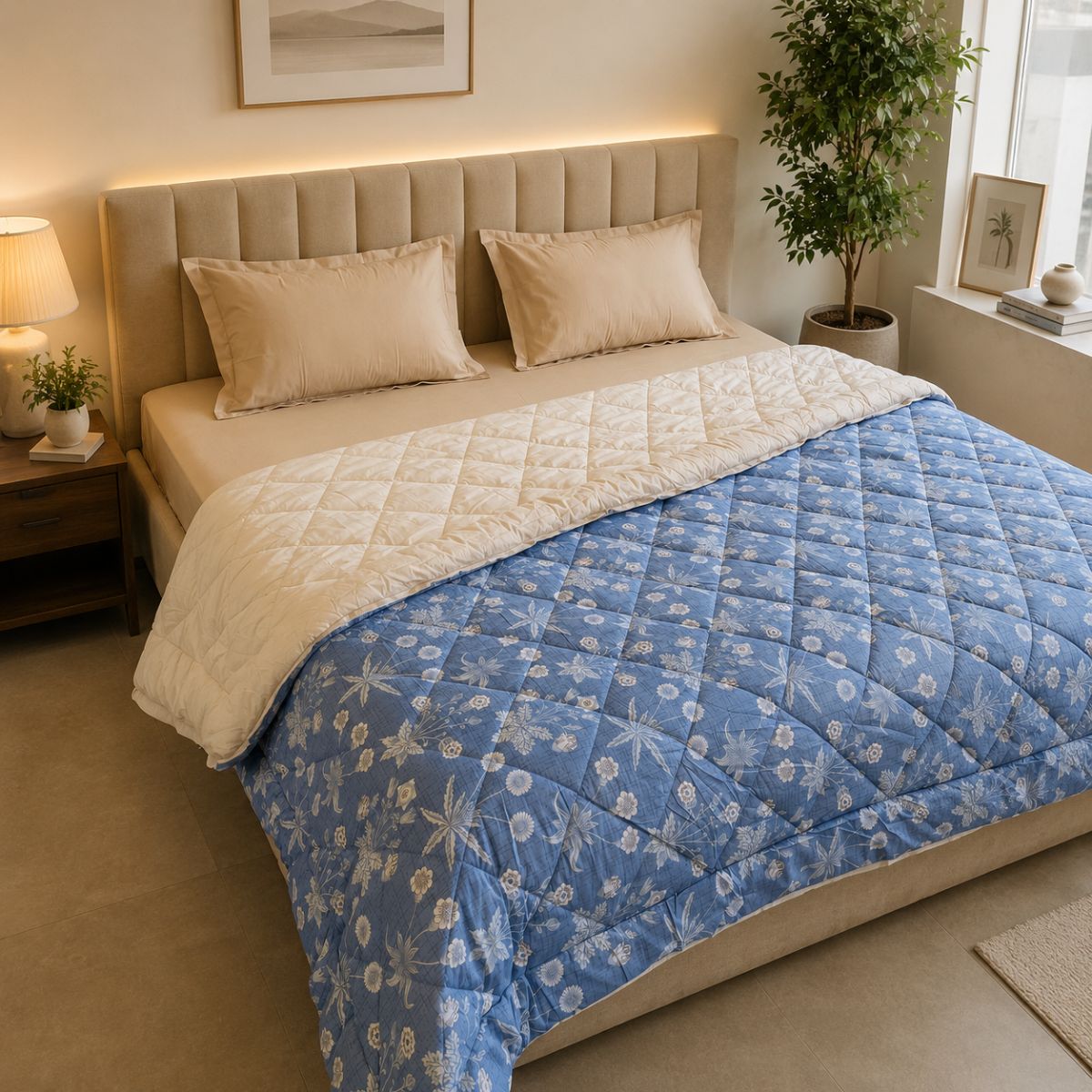 Percale Cotton Reversible AC Blanket Nora Ethnic Floral Blue & Silver