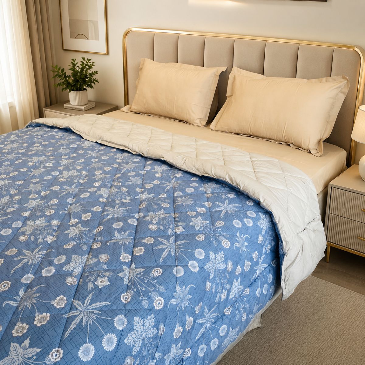Percale Cotton Reversible AC Blanket Nora Ethnic Floral Blue & Silver