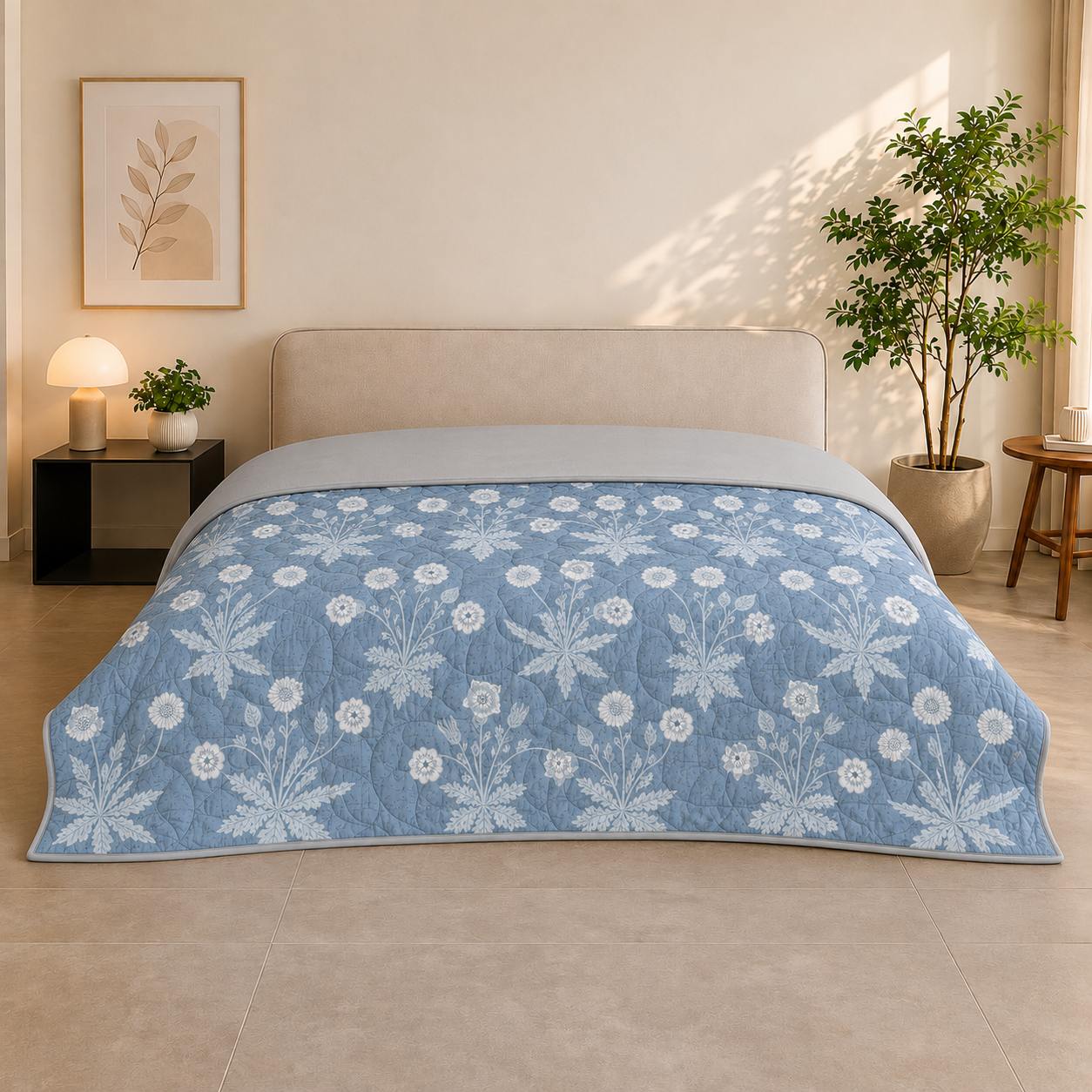Percale Cotton Reversible AC Blanket Nora Ethnic Floral Blue & Silver