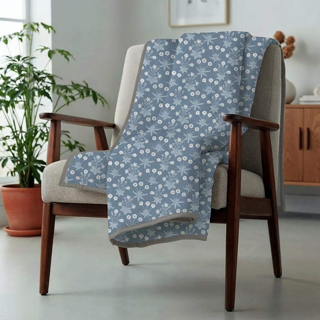 Percale Cotton Reversible Dohar Nora Ethnic Floral Blue & Silver