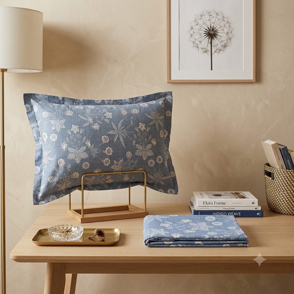 Percale Cotton Printed Bedsheet Set in Floral Blue