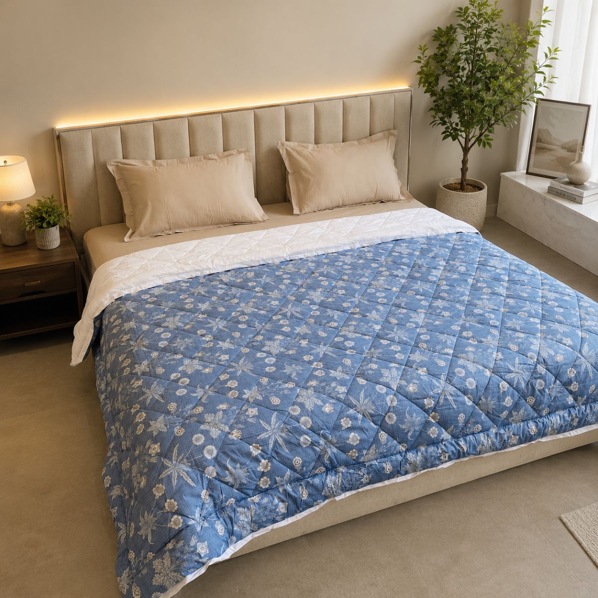 Percale Cotton Reversible AC Blanket Nora Ethnic Floral Blue & White