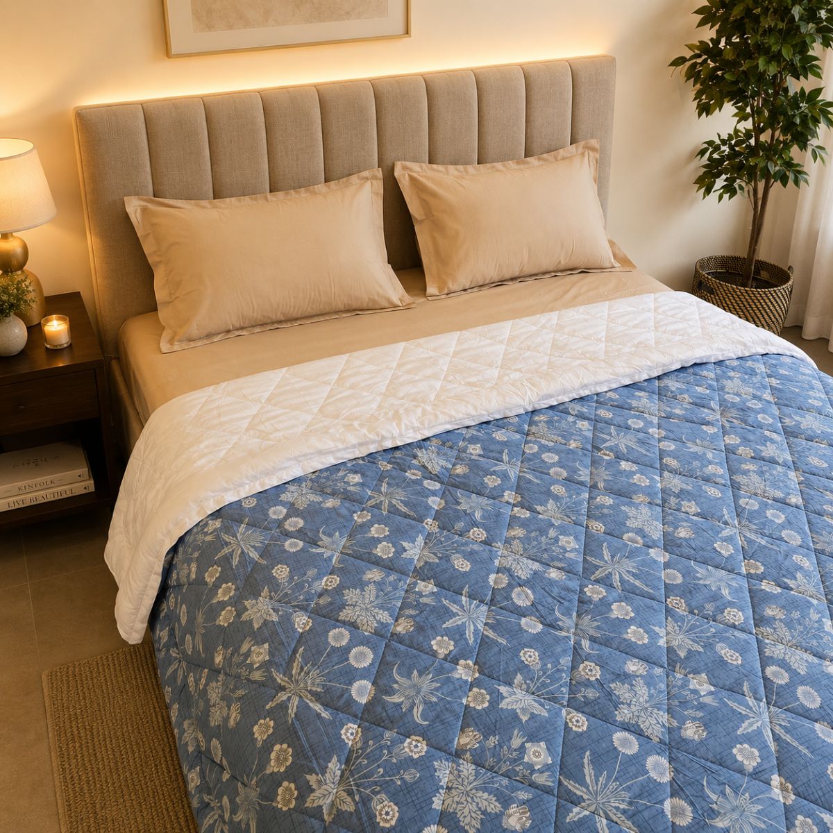 Percale Cotton Reversible AC Blanket Nora Ethnic Floral Blue & White