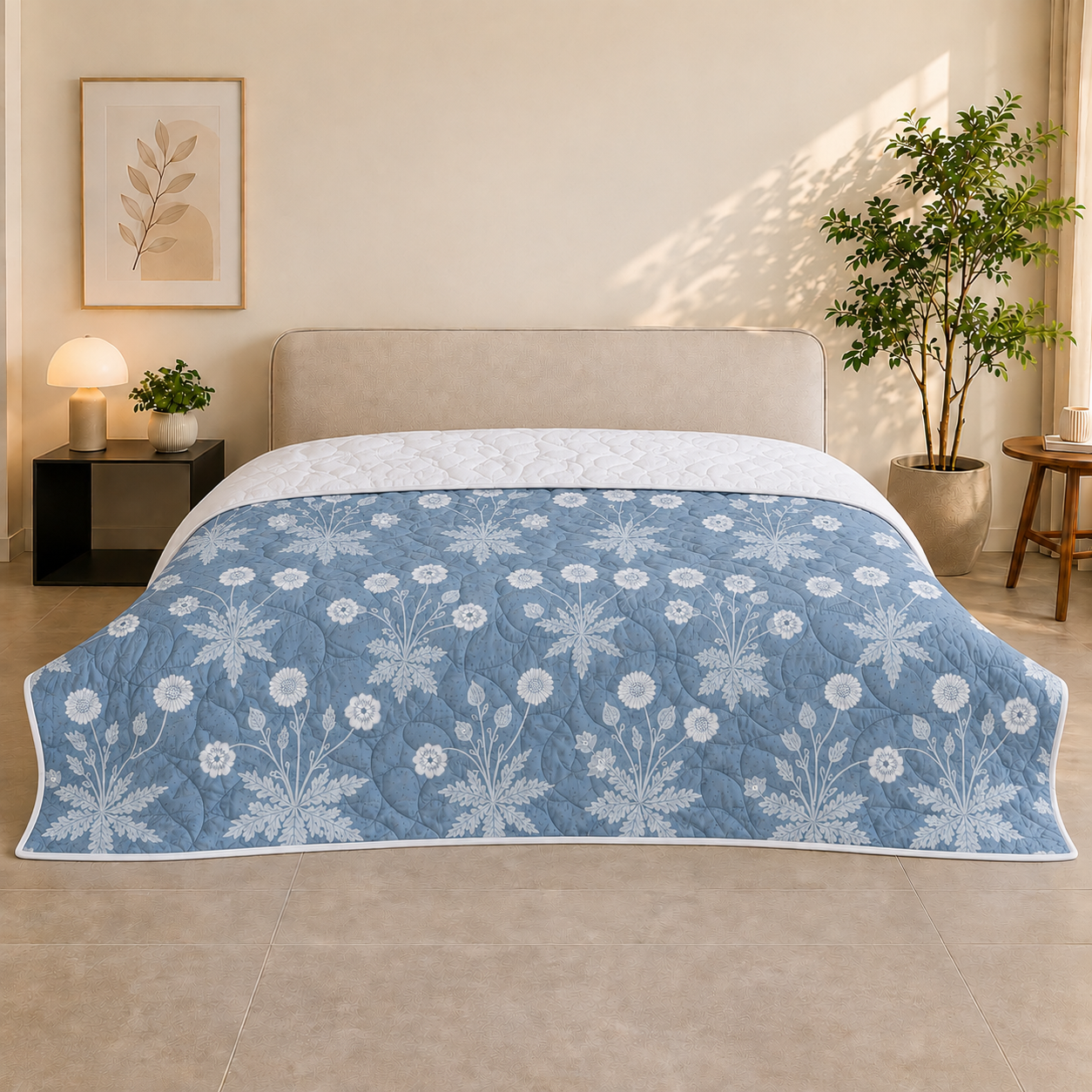 Percale Cotton Reversible AC Blanket Nora Ethnic Floral Blue & White