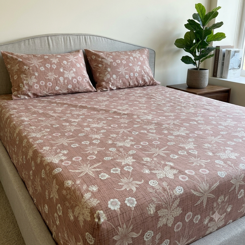 Percale Cotton Printed Fitted Sheet Set in Light Brown