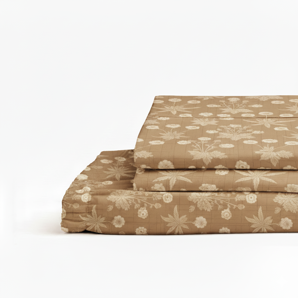Percale Cotton Printed Fitted Sheet Set in Light Brown